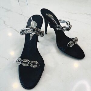 Giuseppe Zanotti Vicini Women 7 B Black Leather Rhinestone Stiletto Sandal Italy